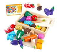 HVDHYY Jouet en Bois, Cuisine Bois Enfant, Fruit et Legume Jouet a Decouper, Jeux et Jouets de Rôles de Magnétique avec Boîte de Rangement en Bois Cadeaux de Anniversaire, Journée des Enfants
