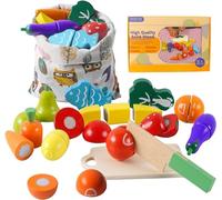 HVDHYY Jouets en Bois Fruits et Légumes Decouper Aliment de Cuisine Jeux de Simulation de Nourriture Journée des Enfants Cadeau d'anniversaire Enfant 3+ Ans avec Un Sac de Rangement