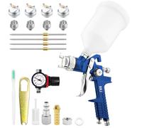 HVLP Pistolet à peinture professionnel avec 4 buses de 1,4/1,7/2,0/2,5 mm, pistolet à peinture professionnel avec gobelet en plastique de 600 ml, manomètre (bleu)