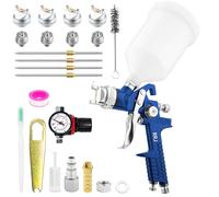 HVLP Pistolet à peinture professionnel avec 4 buses de 1,4/1,7/2,0/2,5 mm, pistolet à peinture professionnel avec gobelet en plastique de 600 ml, manomètre (bleu)