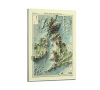 HVLS Poster vintage sur toile représentant une carte en relief du Royaume-Uni et des îles d'Irlande pour chambre à coucher 30 x 45 cm