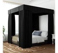 Hvqic Rideaux à baldaquin Noir - Rideaux de lit à 4 poteaux d'angle - Rideaux résistants à la lumière pour Chambre d'adultes et de Filles (lit Double, Noir)