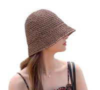 HVRFJXI Chapeau de soleil léger et pliable à large bord - Chapeau de paille tissé à la main pour la plage - Seau pliable pour femme, Couleur café., Taille unique