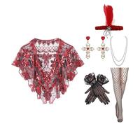 HVRFJXI Ensemble complet d'accessoires 6 en 1 avec châle à paillettes et bijoux pour les années folles, Rouge, taille unique