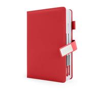 HW CASA Agenda journalier 2026 Carnet, format A5, 200 pages, couverture épissée bicolore, avec insert pour stylo et boucle, conception à une seule page et étiquettes mensuelles colorées, rouge