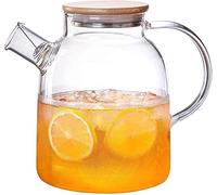 HwaGui Théière en verre borosilicate de 1,6 l avec filtre en métal, théière en verre borosilicate avec couvercle en bambou, carafe en verre