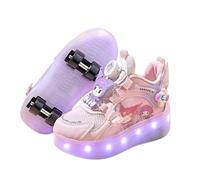 HWBACLSFA Patins à roulettes LED pour Enfants Mignons de Dessin animé, Chaussures de Patin à Quatre Roues réglables pour Filles, Chaussures de Course Lumineuses,Rose,32 EU
