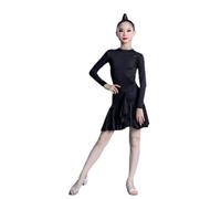 HWBZSZY 2PCS Tenue Filles Enfants Danse Latine Pratique Robe avec Manches Longues Justaucorps Volant Jupe Courte Compétition Performance Costume pour Salle Bal Tango Salsa Dansewear,Noir,160