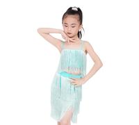 HWBZSZY Enfants Filles Danse Latine Robe Pompon Danse Costume 2 Pièces Ensemble sans Manches Camisole et Jupe Ballroom Salsa Tango Jupes Compétition Performance Vêtements De Danse,Vert,120cm