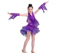 HWBZSZY Enfants Filles Frange Pompon Latin Salsa Col V Robe De Danse avec Gants Salle De Bal Samba Rumba Performance Costume Brillant Paillettes Compétition Vêtements De Danse,Violet,150cm