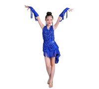 HWBZSZY Enfants Filles Frange Pompon Latin Salsa Col V Robe De Danse avec Gants Salle De Bal Samba Rumba Performance Costume Brillant Paillettes Compétition Vêtements De Danse,Bleu,150cm