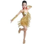 HWBZSZY Enfants Filles Paillettes Glands Danse Latine Justaucorps Brillant Ballroom Dancewear Salsa Tango Robe De Danse Lyrique avec Gants Danse Performance Costume,d'or,160cm