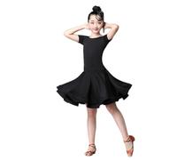 HWBZSZY Justaucorps de danse latine à manches courtes pour filles - Taille élastique - Jupe à volants - Samba Tango - Une pièce - Vêtement de danse pour salle de bal, Noir , 170
