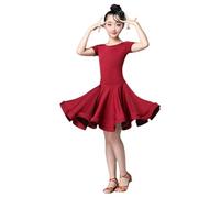 HWBZSZY Justaucorps de danse latine à manches courtes pour filles - Taille élastique - Jupe à volants - Samba Tango - Une pièce - Vêtement de danse pour salle de bal, Rouge, 130
