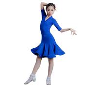 HWBZSZY Robe De Compétition De Danse Latine Professionnelle pour Filles, Grande Jupe Trapèze avec Justaucorps À Manches Longues, Costume De Danse D'entraînement, Ensemble Deux Pièces,Bleu,170