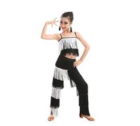 HWBZSZY Robe De Danse Latine Samba Rumba Jazz Tassel Vêtements De Danse pour Filles Enfants Salle De Bal Frange Danse Tops Pantalon 2 Pièce Tenue Danse Performance Costume,B,150cm