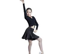 HWBZSZY Swing Filles Latin Danse Performance Robe avec Long Sleeve Top, Compétition pour Enfants Dancewear, pour Fille Salle de Bal Samba Tango Cha-Cha Stage Festival Race,Noir,160