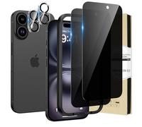 HWeggo 2 + 2PACK pour Verre Trempé pour iPhone 16 Anti Espion avec Caméra Arrière Protecteur, HD Clear 9H Dureté Anti Spy Noir Privé Film de verre trempé privé