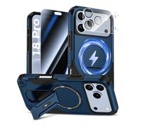 HWeggo Coque pour iPhone 18 Pro avec Verre Trempé, Bleu | Protection D'écran Anti-Espion et Caméra Protecteur, Magnétique Antichoc Étui de Militaire Protection avec Support