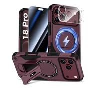 HWeggo Coque pour iPhone 18 Pro avec Verre Trempé, Bourgogne | Protection D'écran Anti-Espion et Caméra Protecteur, Magnétique Antichoc Étui de Militaire Protection avec Support
