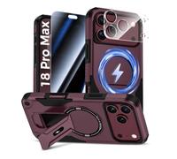 HWeggo Coque pour iPhone 18 Pro Max avec Verre Trempé, Bourgogne | Protection D'écran Anti-Espion et Caméra Protecteur, Magnétique Antichoc Étui de Militaire Protection avec Support