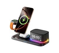 HWIREUIGT Station de Charge sans 5 en 1 avec Haut-Parleur Bluetooth, Réveil et Veilleuse, Support de Charge pour Smartphone