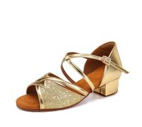 HWJFDC Chaussures De Danse Femme Chaussures de Danse Latine for Enfants, Semelle Souple, Talon carré, Satin, Paillettes, Sandales for Femme, Cha Samba Tango(Gold S 3.5cm,29)