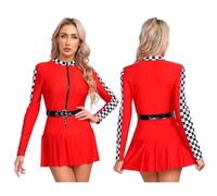 HWJFDC Deguisement Pompom Girl Robe de pom-pom girl for femme, tenue course à carreaux, avec ceinture, manches longues, fermeture éclair sur le devant, jupe plissée, pilote(Red,S)