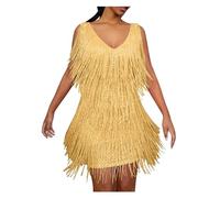 HWJFDC Robe Frange Paillette Mini Robe de Cocktail à Paillettes for Femmes, sans Manches, col en v, Robe de Bal, Robes de soirée(Gold,M)