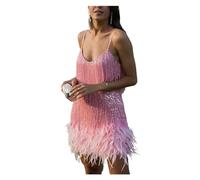 HWJFDC Robe Frange Paillette Sexy Gland Paillettes Plume Mini Robe Femmes Or Robes de Cocktail Femme élégante soirée Club Robe de Bal(Pink,S)