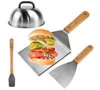 HWSWSH 19cm Cloche Plancha en Acier Inoxydable avec Spatule à Steak 30*13cm et Spatule Cuisine 24*10cm Brosse Silicone, Cloche à Burger Cloche à Chaleur pour Steak, Hamburger, Fromage, Oeufs, Crêpes