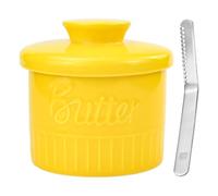 HWSWSH Pot à Beurre en Porcelaine avec Grattoir et Couvercle, Beurrier en Céramique, Support de Récipient à Beurre pour Beurre Frais à Tartiner de 140 ml, Pot à Beurre pour Comptoir (Jaune)