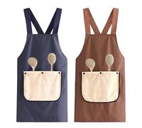 Hwtcjx Lot de 2 Tabliers de Cuisine Femme, Tablier en Lin et Coton, Réglable Chef Tabliers avec Poches pour Cuisine, Jardinage, Restaurant, Barbecue, Rayures (Bleu, Marron)