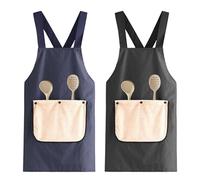 Hwtcjx Lot de 2 Tabliers de Cuisine Femme, Tablier en Lin et Coton, Réglable Chef Tabliers avec Poches pour Cuisine, Jardinage, Restaurant, Barbecue, Rayures (Noir, Bleu)
