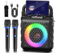 HWWR Caisses karaoké avec 2 Microphones sans Fil, karaoké Professionnel Portable Bluetooth avec lumières LED, Eco/TF/USB, AUX, pour Les fêtes et Les Adultes, Cadeau pour Les Amis et la Famille