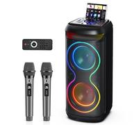 HWWR Machine de Karaoké avec Microphones pour Adultes, Grande Enceinte Bluetooth pour Fêtes avec Lumières Disco LED, Compatible TWS/USB/AUX/Carte TF, Idéal pour Extérieur, Maison et Scènes