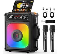 HWWR Machine Karaoke avec 2 Microphones sans Fil, Enceinte Karaoke Complet avec Lumières de fête, Karaoke Adulte et Enfants, Portable Système Karaoké Support TWS/AUX/FM/USB/TF Carte