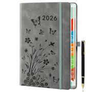 HwxBen Agenda 2026 Journalier A5 - Une Page par Jour, Janv.-Déc., Planificateur Quotidien et Mensuel, Onglets Mensuels Colorés, Design Floral, Porte-stylo Élastique, Couleur Gris