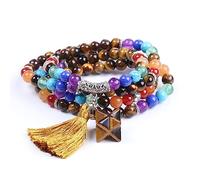 HXFFXHF Cristal d'améthyste en pierre naturelle pour femmes - 108 perles bracelet de brin d'aventurine verte, collier de chakra avec pavillon à gland