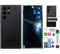 HXHN Vitre arrière de rechange pour Samsung Galaxy S22 Ultra avec ruban adhésif pré-installé et objectif d'appareil photo + film de protection arrière + outils (Noir)