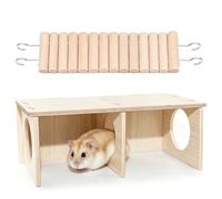 Hxiu Peau de hamster à 3 chambres, plate-forme en bois naturel avec pont - Accessoires de cage pour petits animaux pour hamster syrien, rat, souris, gerbille (grand hamster syrien)
