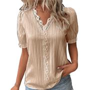 HXRYPG Chemisier Femme Chic Blouse Élégant Col V Haut Dentelle Chemisiers Mode Tee Shirt à Manches Courtes été Chemise Loisirs Tunique en Jacquard Couleur Unie Décontracté Tops Mes Commandes Kaki M