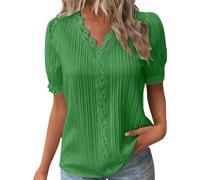 HXRYPG Chemisier Femme Chic Blouse Élégant Col V Haut Dentelle Chemisiers Mode Tee Shirt à Manches Courtes été Chemise Loisirs Tunique en Jacquard Décontracté Tops Mes Commandes passées Vert XXL