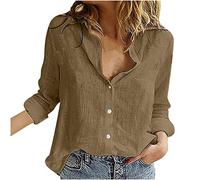 HXRYPG Chemisier Lin Femme Chic et Élégant Blouse D'été Col en V Chemise avec Boutons Manches Longues Haut Coton Lin Tunique Décontractés Tops Ample Grande Taille Shirt pour Femmes Bon Cadeau Café M