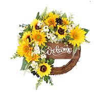 HXRZZG Couronne de tournesol artificiel - Couronne de bienvenue pour porte d'entrée - Couronne de fleurs artificielles avec feuilles vertes de tournesol jaune pour décoration