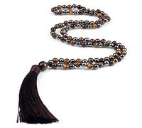 HXSCOO 108 Perles Collier de prière Naturel Vert Rayure Onyx Pierre Bouddhiste Bouddha méditation Perle Mala Collier Bijoux Cadeaux (Color : Hematite Tiger 1)