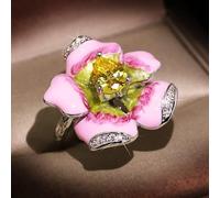 HXSCOO Mode Rouge émail Grand Anneau rétro Bijoux Antique Argent bohème Plage fête Cristal Fleur Anneau Femme Fleur Anneaux (Size : 8)
