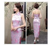 HXSZWJJ Femmes Robe Chinoise Longue Dos Nu Satin Qipao Bouton Vintage Sexy Cheongsam Scène Clothes Show (Color : Pink B, Size : 3XL.)