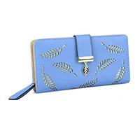 HXT-OAK Portefeuille en Cuir PU pour Femme avec découpe Feuille Pendentif Feuille 12 emplacements pour Cartes et Organiseur à glissière pour pièces de Monnaie Bleu