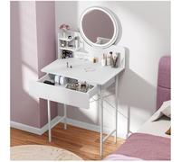 Hxtutglrp Coiffeuse avec Miroir LED À LUMINOSIÉ RÉGLABLE, Table DE MAQUALLAGE avec 1 TIROIR ET 2 ÉTAGES D'OVERTURE COMMOD Blanc